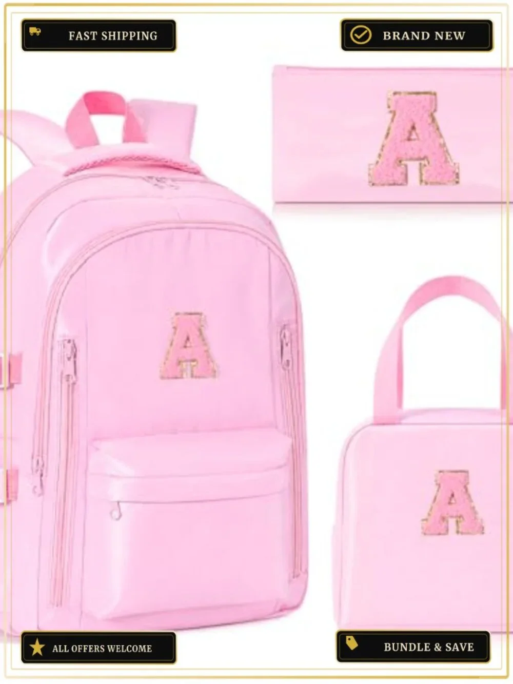 Monogrammed Initial Pink Backpack Set with Lunch Bag and Pencil Case, 3 Piece,